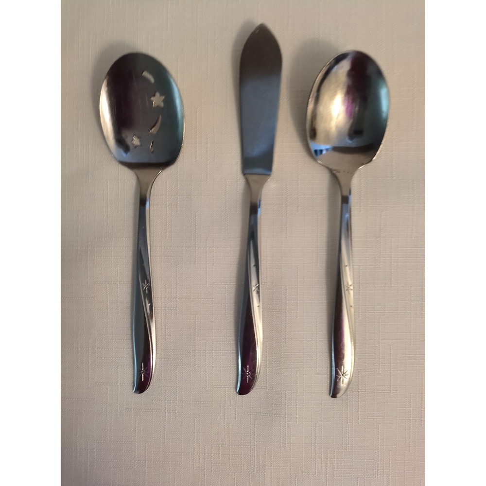 Vint5age ONEIDA "TWIN STAR" STAINLESS Sugar Spoon , Jelly Server & Butter Knife
